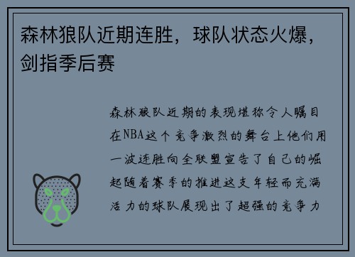 森林狼队近期连胜，球队状态火爆，剑指季后赛